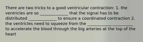 There are two tricks to a good ventricular contraction: 1. the ventricles are so ______________ that the signal has to be distributed ______________ to ensure a coordinated contraction 2. the ventricles need to squeeze from the ____________ __________ to accelerate the blood through the big arteries at the top of the heart