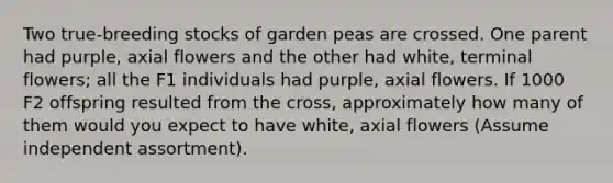 Two true-breeding stocks of garden peas are crossed. One parent had purple, axial flowers and the other had white, terminal flowers; all the F1 individuals had purple, axial flowers. If 1000 F2 offspring resulted from the cross, approximately how many of them would you expect to have white, axial flowers (Assume independent assortment).