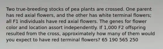 Two true-breeding stocks of pea plants are crossed. One parent has red axial flowers, and the other has white terminal flowers; all F1 individuals have red axial flowers. The genes for flower color and location assort independently. If 1,000 F2 offspring resulted from the cross, approximately how many of them would you expect to have red terminal flowers? 65 190 565 250