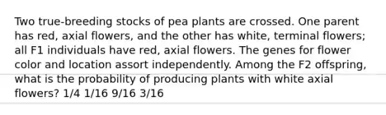 Two true-breeding stocks of pea plants are crossed. One parent has red, axial flowers, and the other has white, terminal flowers; all F1 individuals have red, axial flowers. The genes for flower color and location assort independently. Among the F2 offspring, what is the probability of producing plants with white axial flowers? 1/4 1/16 9/16 3/16