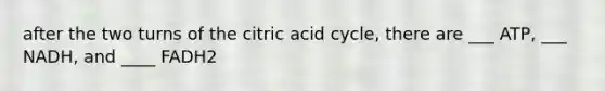 after the two turns of the citric acid cycle, there are ___ ATP, ___ NADH, and ____ FADH2