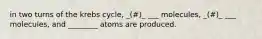 in two turns of the krebs cycle, _(#)_ ___ molecules, _(#)_ ___ molecules, and ________ atoms are produced.