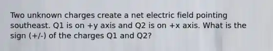 Two unknown charges create a net electric field pointing southeast. Q1 is on +y axis and Q2 is on +x axis. What is the sign (+/-) of the charges Q1 and Q2?