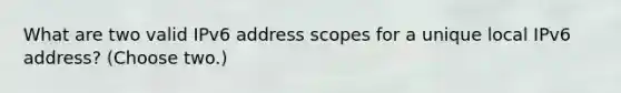 What are two valid IPv6 address scopes for a unique local IPv6 address? (Choose two.)