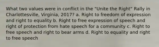 What two values were in conflict in the "Unite the Right" Rally in Charlottesville, Virginia, 2017? a. Right to freedom of expression and right to equality b. Right to free expression of speech and right of protection from hate speech for a community c. Right to free speech and right to bear arms d. Right to equality and right to free speech