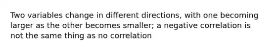 Two variables change in different directions, with one becoming larger as the other becomes smaller; a negative correlation is not the same thing as no correlation