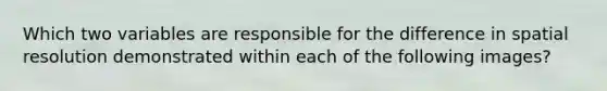 Which two variables are responsible for the difference in spatial resolution demonstrated within each of the following images?