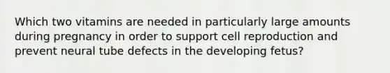 Which two vitamins are needed in particularly large amounts during pregnancy in order to support cell reproduction and prevent neural tube defects in the developing fetus?