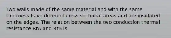 Two walls made of the same material and with the same thickness have different cross sectional areas and are insulated on the edges. The relation between the two conduction thermal resistance RtA and RtB is