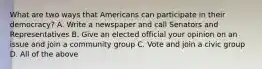 What are two ways that Americans can participate in their democracy? A. Write a newspaper and call Senators and Representatives B. Give an elected official your opinion on an issue and join a community group C. Vote and join a civic group D. All of the above