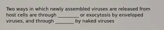 Two ways in which newly assembled viruses are released from host cells are through _________ or exocytosis by enveloped viruses, and through ________ by naked viruses