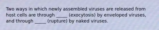 Two ways in which newly assembled viruses are released from host cells are through _____ (exocytosis) by enveloped viruses, and through _____ (rupture) by naked viruses.