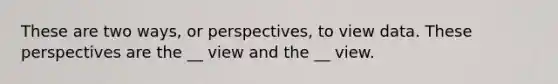 These are two ways, or perspectives, to view data. These perspectives are the __ view and the __ view.