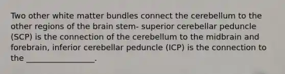 Two other white matter bundles connect the cerebellum to the other regions of the brain stem- superior cerebellar peduncle (SCP) is the connection of the cerebellum to the midbrain and forebrain, inferior cerebellar peduncle (ICP) is the connection to the _________________.