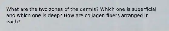 What are the two zones of the dermis? Which one is superficial and which one is deep? How are collagen fibers arranged in each?