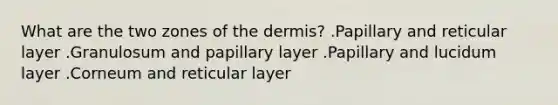 What are the two zones of the dermis? .Papillary and reticular layer .Granulosum and papillary layer .Papillary and lucidum layer .Corneum and reticular layer