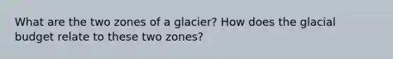 What are the two zones of a glacier? How does the glacial budget relate to these two zones?