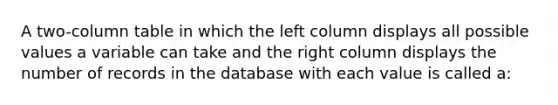 A two-column table in which the left column displays all possible values a variable can take and the right column displays the number of records in the database with each value is called a: