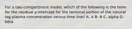 For a two-compartment model, which of the following is the term for the residual y-intercept for the terminal portion of the natural log plasma concentration versus time line? A. A B. B C. alpha D. beta