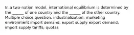 In a two-nation model, international equilibrium is determined by the ______ of one country and the ______ of the other country. Multiple choice question. industrialization; marketing environment import demand, export supply export demand; import supply tariffs; quotas