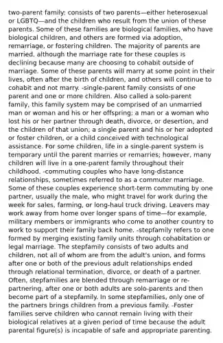 two-parent family: consists of two parents—either heterosexual or LGBTQ—and the children who result from the union of these parents. Some of these families are biological families, who have biological children, and others are formed via adoption, remarriage, or fostering children. The majority of parents are married, although the marriage rate for these couples is declining because many are choosing to cohabit outside of marriage. Some of these parents will marry at some point in their lives, often after the birth of children, and others will continue to cohabit and not marry. -single-parent family consists of one parent and one or more children. Also called a solo-parent family, this family system may be comprised of an unmarried man or woman and his or her offspring; a man or a woman who lost his or her partner through death, divorce, or desertion, and the children of that union; a single parent and his or her adopted or foster children, or a child conceived with technological assistance. For some children, life in a single-parent system is temporary until the parent marries or remarries; however, many children will live in a one-parent family throughout their childhood. -commuting couples who have long-distance relationships, sometimes referred to as a commuter marriage. Some of these couples experience short-term commuting by one partner, usually the male, who might travel for work during the week for sales, farming, or long-haul truck driving. Leavers may work away from home over longer spans of time—for example, military members or immigrants who come to another country to work to support their family back home. -stepfamily refers to one formed by merging existing family units through cohabitation or legal marriage. The stepfamily consists of two adults and children, not all of whom are from the adult's union, and forms after one or both of the previous adult relationships ended through relational termination, divorce, or death of a partner. Often, stepfamilies are blended through remarriage or re-partnering, after one or both adults are solo-parents and then become part of a stepfamily. In some stepfamilies, only one of the partners brings children from a previous family. -Foster families serve children who cannot remain living with their biological relatives at a given period of time because the adult parental figure(s) is incapable of safe and appropriate parenting.