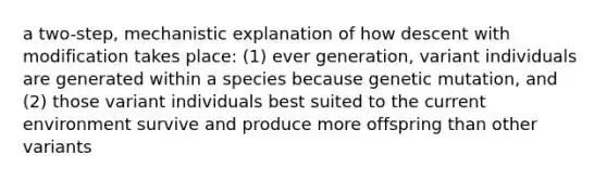 a two-step, mechanistic explanation of how descent with modification takes place: (1) ever generation, variant individuals are generated within a species because genetic mutation, and (2) those variant individuals best suited to the current environment survive and produce more offspring than other variants