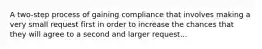 A two-step process of gaining compliance that involves making a very small request first in order to increase the chances that they will agree to a second and larger request...