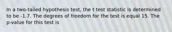 In a two-tailed hypothesis test, the t test statistic is determined to be -1.7. The degrees of freedom for the test is equal 15. The p-value for this test is