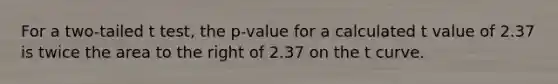 For a two-tailed t test, the p-value for a calculated t value of 2.37 is twice the area to the right of 2.37 on the t curve.