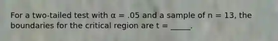 For a two-tailed test with α = .05 and a sample of n = 13, the boundaries for the critical region are t = _____.