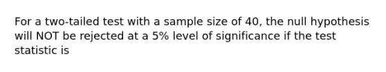 For a two-tailed test with a sample size of 40, the null hypothesis will NOT be rejected at a 5% level of significance if the test statistic is