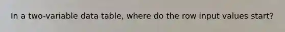 In a two-variable data table, where do the row input values start?