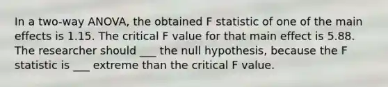 In a two-way ANOVA, the obtained F statistic of one of the main effects is 1.15. The critical F value for that main effect is 5.88. The researcher should ___ the null hypothesis, because the F statistic is ___ extreme than the critical F value.