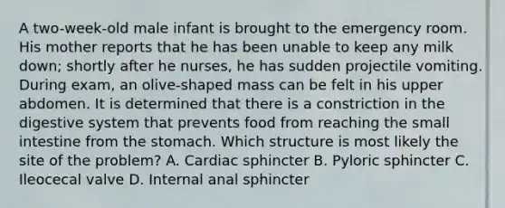 A two-week-old male infant is brought to the emergency room. His mother reports that he has been unable to keep any milk down; shortly after he nurses, he has sudden projectile vomiting. During exam, an olive-shaped mass can be felt in his upper abdomen. It is determined that there is a constriction in the digestive system that prevents food from reaching the small intestine from the stomach. Which structure is most likely the site of the problem? A. Cardiac sphincter B. Pyloric sphincter C. Ileocecal valve D. Internal anal sphincter