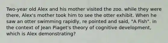 Two-year old Alex and his mother visited the zoo. while they were there, Alex's mother took him to see the otter exhibit. When he saw an otter swimming rapidly, re pointed and said, "A Fish". in the context of Jean Piaget's theory of cognitive development, which is Alex demonstrating?