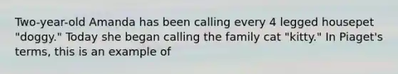Two-year-old Amanda has been calling every 4 legged housepet "doggy." Today she began calling the family cat "kitty." In Piaget's terms, this is an example of