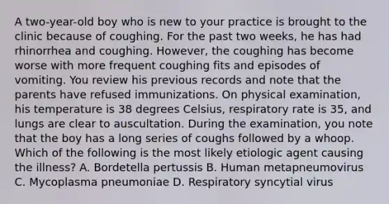 A two-year-old boy who is new to your practice is brought to the clinic because of coughing. For the past two weeks, he has had rhinorrhea and coughing. However, the coughing has become worse with more frequent coughing fits and episodes of vomiting. You review his previous records and note that the parents have refused immunizations. On physical examination, his temperature is 38 degrees Celsius, respiratory rate is 35, and lungs are clear to auscultation. During the examination, you note that the boy has a long series of coughs followed by a whoop. Which of the following is the most likely etiologic agent causing the illness? A. Bordetella pertussis B. Human metapneumovirus C. Mycoplasma pneumoniae D. Respiratory syncytial virus