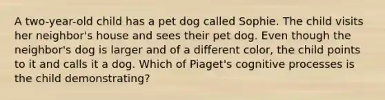 A two-year-old child has a pet dog called Sophie. The child visits her neighbor's house and sees their pet dog. Even though the neighbor's dog is larger and of a different color, the child points to it and calls it a dog. Which of Piaget's cognitive processes is the child demonstrating?