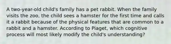 A two-year-old child's family has a pet rabbit. When the family visits the zoo, the child sees a hamster for the first time and calls it a rabbit because of the physical features that are common to a rabbit and a hamster. According to Piaget, which cognitive process will most likely modify the child's understanding?