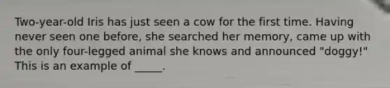 Two-year-old Iris has just seen a cow for the first time. Having never seen one before, she searched her memory, came up with the only four-legged animal she knows and announced "doggy!" This is an example of _____.