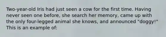 Two-year-old Iris had just seen a cow for the first time. Having never seen one before, she search her memory, came up with the only four-legged animal she knows, and announced "doggy!" This is an example of: