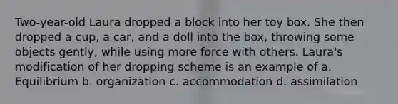 Two-year-old Laura dropped a block into her toy box. She then dropped a cup, a car, and a doll into the box, throwing some objects gently, while using more force with others. Laura's modification of her dropping scheme is an example of a. Equilibrium b. organization c. accommodation d. assimilation