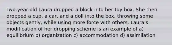 Two-year-old Laura dropped a block into her toy box. She then dropped a cup, a car, and a doll into the box, throwing some objects gently, while using more force with others. Laura's modification of her dropping scheme is an example of a) equilibrium b) organization c) accommodation d) assimilation