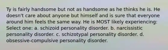 Ty is fairly handsome but not as handsome as he thinks he is. He doesn't care about anyone but himself and is sure that everyone around him feels the same way. He is MOST likely experiencing: Select one: a. schizoid personality disorder. b. narcissistic personality disorder. c. schizotypal personality disorder. d. obsessive-compulsive personality disorder.