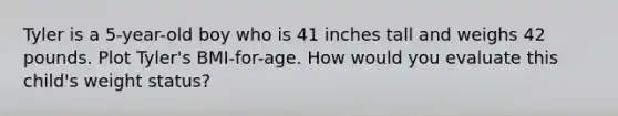 Tyler is a 5-year-old boy who is 41 inches tall and weighs 42 pounds. Plot Tyler's BMI-for-age. How would you evaluate this child's weight status?