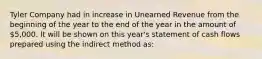 Tyler Company had in increase in Unearned Revenue from the beginning of the year to the end of the year in the amount of 5,000. It will be shown on this year's statement of cash flows prepared using the indirect method as: