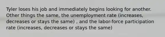 Tyler loses his job and immediately begins looking for another. Other things the same, the unemployment rate (increases, decreases or stays the same) , and the labor-force participation rate (increases, decreases or stays the same)