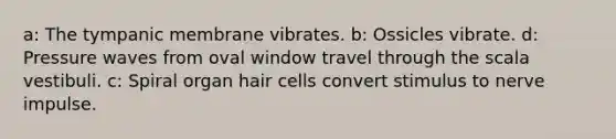 a: The tympanic membrane vibrates. b: Ossicles vibrate. d: Pressure waves from oval window travel through the scala vestibuli. c: Spiral organ hair cells convert stimulus to nerve impulse.