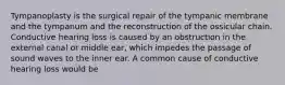 Tympanoplasty is the surgical repair of the tympanic membrane and the tympanum and the reconstruction of the ossicular chain. Conductive hearing loss is caused by an obstruction in the external canal or middle ear, which impedes the passage of sound waves to the inner ear. A common cause of conductive hearing loss would be