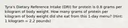 Tyra's Dietary Reference Intake (DRI) for protein is 0.8 grams per kilogram of body weight. How many grams of protein per kilogram of body weight did she eat from this 1-day menu? (Hint: 1 kilogram = 2.2 pounds)